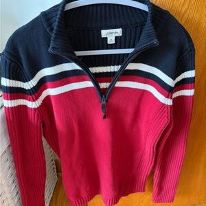 Half-Zip Striped Sweater in Red and Navy